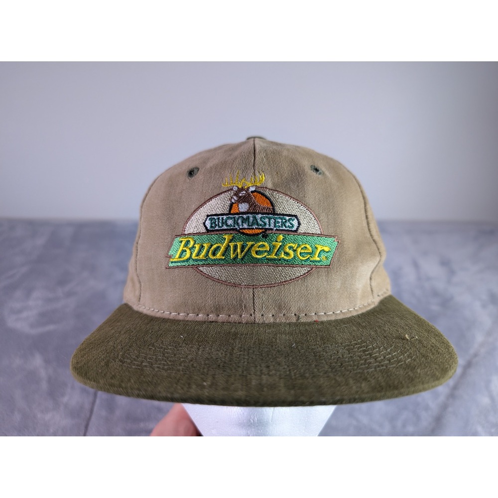 Budweiser Buckmasters Hat Vintage Headmaster Two Tone Tan Green Adjustable Cap